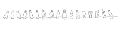 Şişe bir satır aralıksız çizim. Boş bardaklar ve plastik şişeler, cam şişeler sürekli bir çizim. Vektör minimalist doğrusal çizim. Beyaz arkaplanda izole