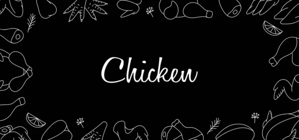Chicken Meats Horizontal Outline Banner Chicken Farming Products Whole Chicken — Stock Vector