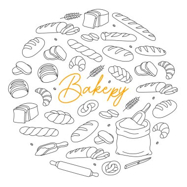 Çember tasarımlı fırın ürünleri. Pastane afişi. Buğday ekmeği, kraker, ciabatta, kruvasan, Fransız ekmeği. Vektör çizimi. Beyaz arkaplanda izole.