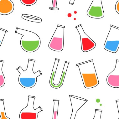 Laboratuvar cam kalıpları. Laboratuvar camları kusursuz pankartlar. Konik matara, cam deney şişesi, cam kaplama, mezun silindir. Vektör çizimi. Laboratuvar cam temizleme arkaplanı