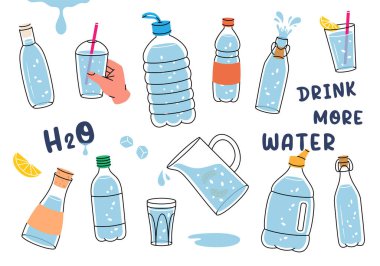Şişeler. Biraz daha su iç. Plastik su şişeleri. Bardaklar, şişeler, sürahi, kavanoz, temiz suyla dolu matara. Vektör çizimi. Beyaz arkaplanda izole