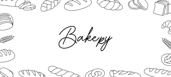 Bakery Horizontal Outline Banner Breads Pastry Menu Illustration Whole Grain — Stock Vector