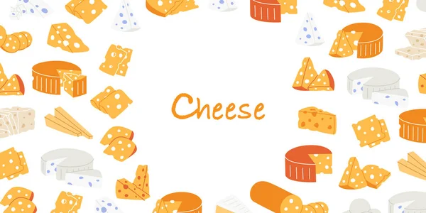 종류의 치즈가 배너입니다 디자인 카망베르 로크포르 배경에서 — 스톡 벡터