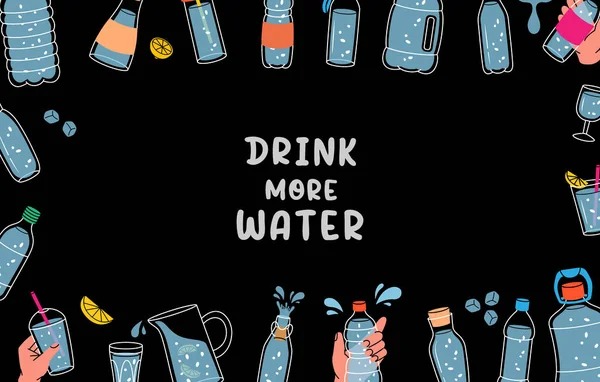 Флаконы Водой Горизонтальные Пластиковые Бутылки Линии Фона Пейте Больше Воды — стоковый вектор