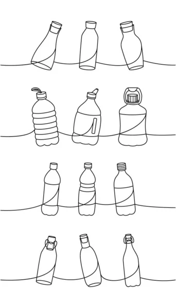 Uppsättning Flaskor Linje Kontinuerlig Ritning Tomma Glas Och Plastflaskor Kontinuerlig — Stock vektor