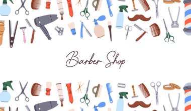 Berber dükkanının yatay arka planı. Kuaför çantası. Berber direği, jilet, saç makası, makas, tarak, kurutma makinesi, sprey şişesi. Vektör illüstrasyonu siyah arkaplanda izole edildi.