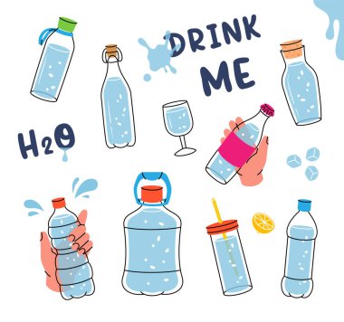 Su şişeleri hazır. Biraz daha su iç. Plastik su şişeleri. Bardaklar, şişeler, sürahi, kavanoz, temiz suyla dolu matara. Vektör çizimi. Beyaz arkaplanda izole