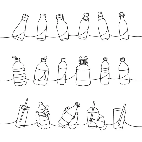 Bottiglie Una Linea Disegno Continuo Diversi Tipi Bottiglie Continue Una — Vettoriale Stock