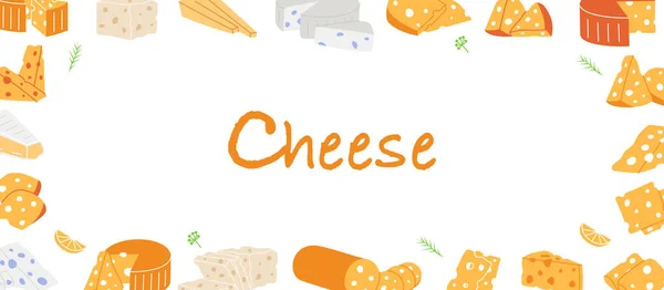 Käsestücke Horizontalem Banner Dreiecke Und Scheiben Köstlichen Käses Cheddar Camembert — Stockvektor