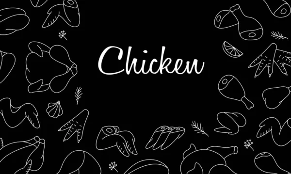 Chicken Meats Horizontal Outline Banner Butcher Shop Whole Chicken Brisket — Stock Vector