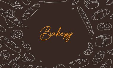 Ekmek yatay vintage pankart. Fırın menüsü tasarımı için vektör illüstrasyonu. Buğday ekmeği, kraker, ciabatta, kruvasan, Fransız ekmeği. Siyah arkaplanda izole.