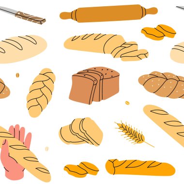Taze ekmek desenleri. Fırın ürünleri kusursuz arka plan. Tam tahıl ve buğday ekmeği vektör çizimi. Pasta ürünleri pankartı.
