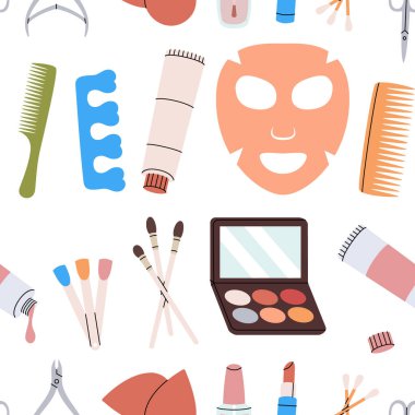 Güzellik salonu deseni. Makyajsız pankart. Güzellik salonu aletleri vektör illüstrasyonu. Renkli makyaj araçları arka plan.
