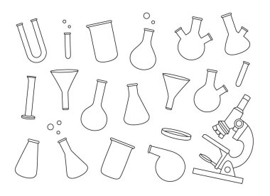 Laboratuvar cam taslak seti. Kimya deneyleri ya da biyoteknoloji testleri için laboratuvar gözlükleri. Konik matara, cam beher, filtre huni, U tüpü, silindir, mikroskop..