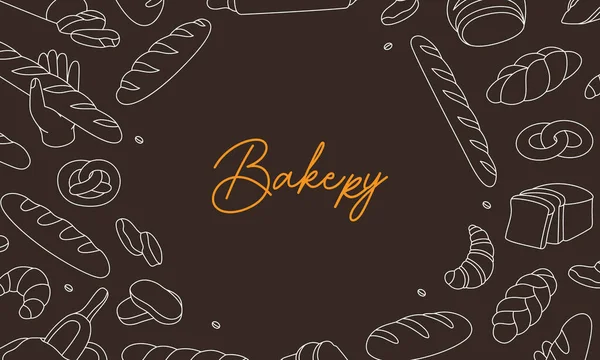 パン水平ヴィンテージバナー ベーカリーメニューデザインのベクトルイラスト 小麦パン プレッツェル シアバッタ クロワッサン フレンチバゲット 黒の背景に隔離された — ストックベクタ