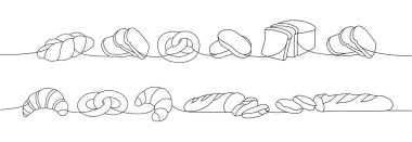 Pastane ürünleri seti. Bir sıra sürekli çizim. Tam tahıl ve buğday ekmeği, kraker, ciabatta, kruvasan, simit, tost ekmeği, Fransız ekmeği. Vektör doğrusal illüstrasyon.