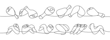 Tavuk etinin farklı kısımları. Bir çizgi sürekli çizilmiş. Çiğ tavuk eti parçaları sürekli bir çizgi çizimi. Vektör minimalist doğrusal çizim. Beyaz arkaplanda izole