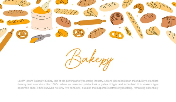 Breads Winkelspandoek Bakkerij Horizontale Achtergrond Tarwebrood Krakeling Ciabatta Croissant Illustratie — Stockvector