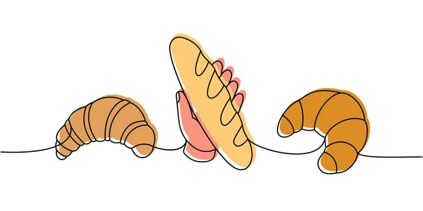 Conjunto Croissant Una Línea Dibujo Continuo Color Panadería Productos Pastelería — Archivo Imágenes Vectoriales
