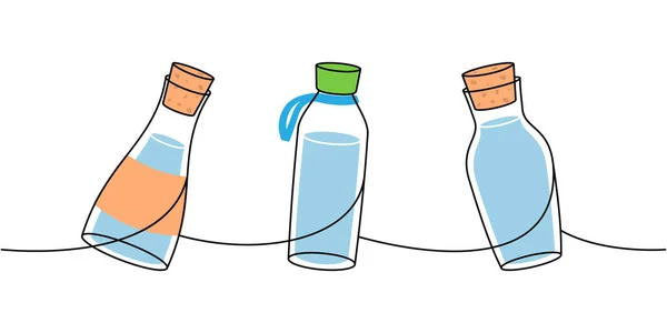 Set Bottiglie Vetro Una Linea Colorata Disegno Continuo Bottiglie Vetro — Vettoriale Stock