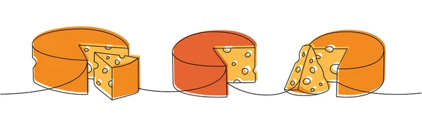 ホイールチーズは連続的な描画を1行に設定します チーズ連続1行のイラストのさまざまなタイプ ベクトル最小限の線形イラスト 白地に隔離された — ストックベクタ