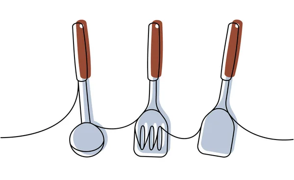 Küchenutensilien Eine Linie Farbige Ununterbrochene Zeichnung Küchenspachtel Schöpfkelle Ununterbrochene Eine — Stockvektor