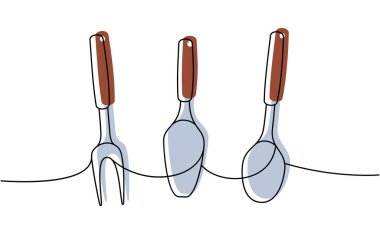 Mutfak aletleri tek çizgi renkli sürekli çizimler. Şekerleme spatulası, barbekü çatalı devamlı bir çizim. Beyaz arkaplanda izole