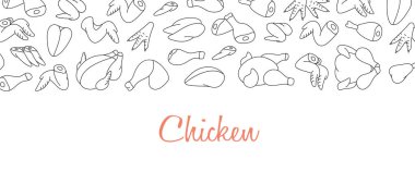 Chicken meats shop banner. Fresh chicken parts horizontal background. Chicken farming products. Whole chicken, brisket wing, carcass, fillet, ham, leg, breast, shank, drumstick. Vector illustration. clipart