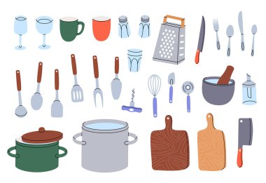 Mutfak aletleri. Yemek aletleri, aletler, mutfak gereçleri, aletler. Seramik tabaklar, bardak, şarap bardağı, kızarmış tava, süzgeç, süzgeç, mutfak eldiveni, yemek eldiveni, çelik rendesi, havan topu, merdane.