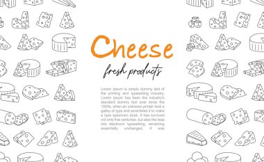 Peynir dükkanı afişi. Dahili delikleri olan peynir parçaları. Peynir menü tasarımı. Cheddar, camembert, brick, mozzarella, maasdam, brie, roquefort, gouda, feta ve parmesan peyniri..