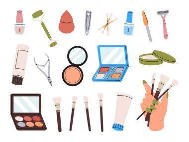 Kozmetik seti. Makyaj ve güzellik aletleri. Göz farı, toz, fırça, dudak parlatıcısı, pudra, krem, ruj, fondöten, rimel, yüz serumu. Vektör illüstrasyonu beyaz arkaplanda izole edildi