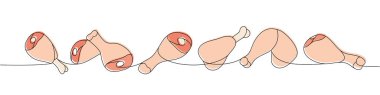 Bir çift tavuk bacağı bir çizgi renkli aralıksız çizim. Çiğ tavuk eti parçaları sürekli bir çizgi çizimi. Vektör minimalist doğrusal çizim. Beyaz arkaplanda izole