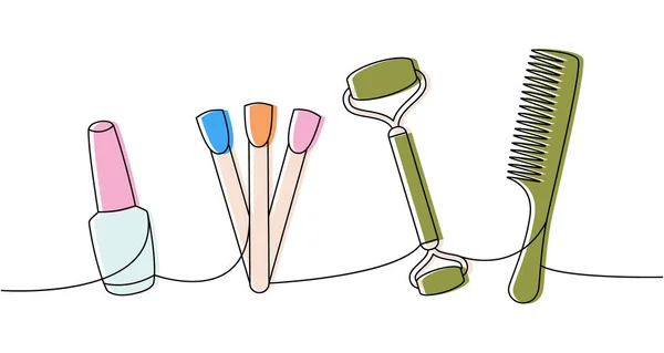 Beauty Tools One Line Colored Continuous Drawing Nail Polish Nail — Stock Vector