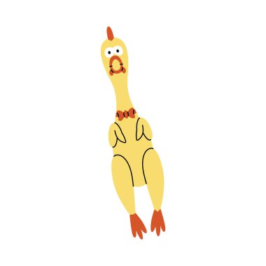 Plastik tavuk oyuncağı. Hayvan aksesuarları, oyuncak malzemeleri. Vektör çizimi. Beyaz arkaplanda izole.
