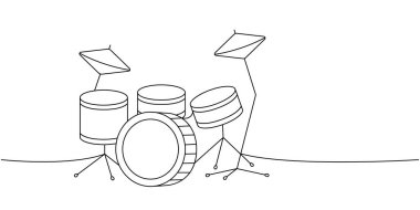 Davul seti bir satır aralıksız çizim. Müzik enstrümanları sürekli tek bir çizgi çiziyor. Vektör minimalist doğrusal çizim. Beyaz arkaplanda izole