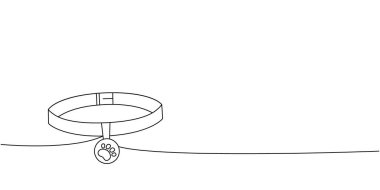 Hayvan tasması, kolye bir çizgi sürekli çizim. Hayvanlar için aksesuarlar, evcil hayvan oyuncakları sürekli bir çizim çizimi. Vektör minimalist doğrusal çizim. Beyaz arkaplanda izole