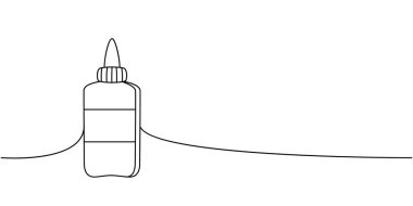 Bir şişe tutkal, ofis malzemeleri. Bir satır sürekli çizim. Okula geri dön. Sürekli bir çizim yap. Vektör minimalist doğrusal çizim. Beyaz arkaplanda izole