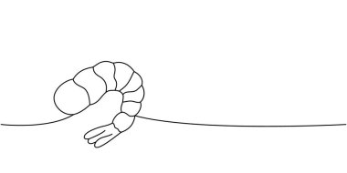 Taze karides. Sürekli çizim halinde. Japon mutfağı. Geleneksel yemekler. Tek bir çizgiden ibaret. Vektör minimalist doğrusal çizim. Beyaz arkaplanda izole