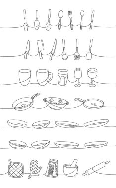 Mutfak aletleri tek sıra halinde. Mutfak aletleri, aletler, mutfak gereçleri, çatal bıçak aralıksız tek çizgi çizimi. Beyaz arkaplanda izole