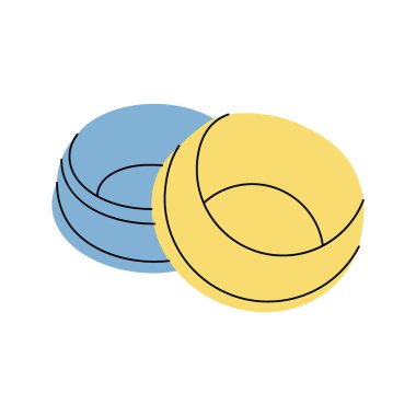 Evcil hayvan kaseleri. Hayvan aksesuarları, oyuncak malzemeleri. Vektör çizimi. Beyaz arkaplanda izole.