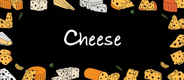 치즈는 배너로 설정됩니다 구멍이있는 캠버트 모짜렐라 마스담 파르메산 검은색 배경에 — 스톡 벡터