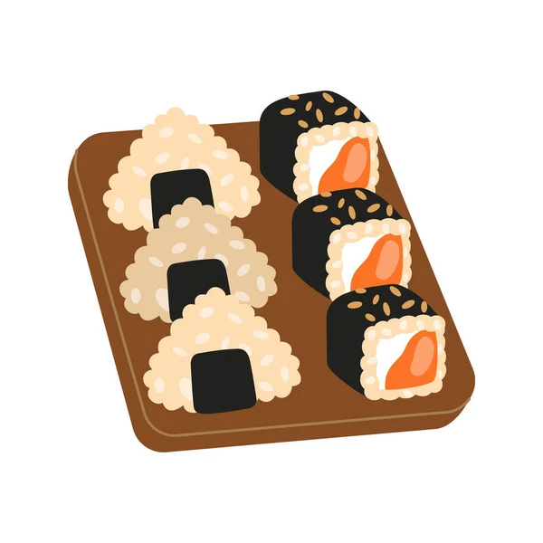 Asian food sushi, sushi dish. Japanese cuisine, traditional food. Vector illustration. Isolated on white background.