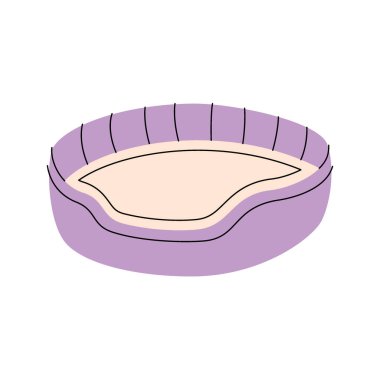 Evcil hayvan yatağı, yastık uykusu. Hayvan aksesuarları, oyuncak malzemeleri silueti. Vektör çizimi. Beyaz arkaplanda izole.