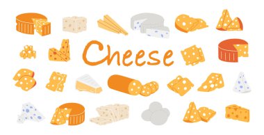 Peynir ürünleri. Dahili delikleri olan peynir parçaları. Cheddar, camembert, brick, mozzarella, maasdam, brie, rokfor, gouda, feta ve parmesan. Beyaz arkaplanda izole