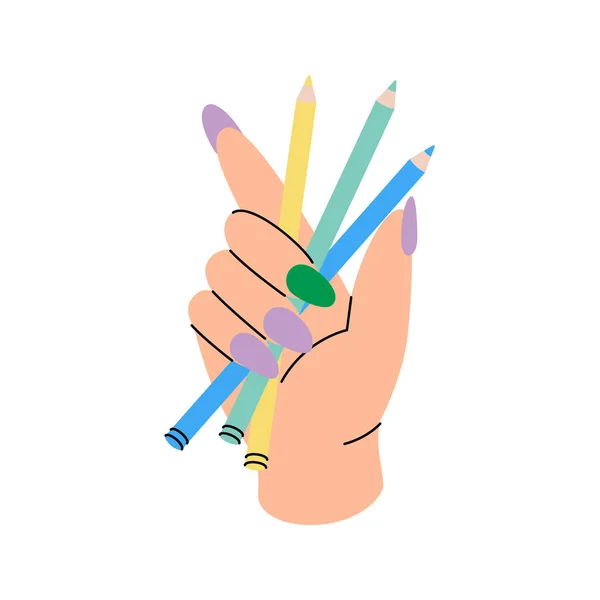 Mão Com Lápis Material Escolar Volta Escola Ilustração Vetorial Isolado — Vetor de Stock