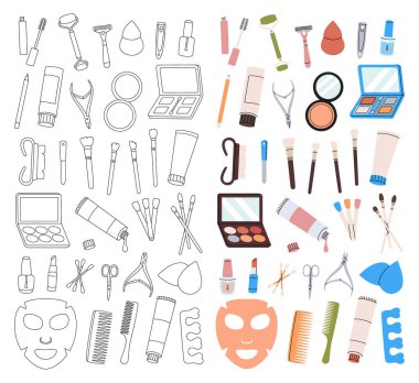 Güzellik salonu tasarımı için makyaj malzemeleri. Makyaj malzemeleri dikey afiş. Göz farı, toz, fırça, ruj, dudak parlatıcısı, dudak kalemi, rimel, allık, fondöten, kaş kalemi, ayna, krem..