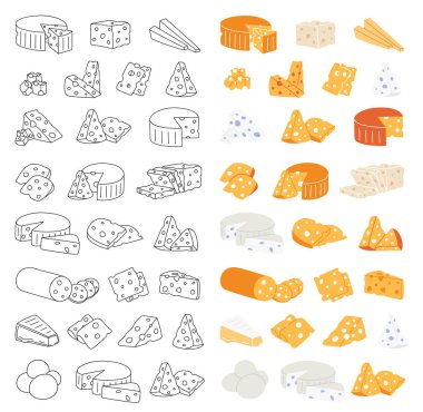 Lezzetli peynirlerin üçgenleri ve dilimleri. Peynir ürünleri dikey afişi. Cheddar, camembert, brick, mozzarella, maasdam, brie, rokfor, gouda, feta ve parmesan. Beyaz arkaplanda izole