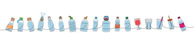 Şişeler bir çizgi renkli sürekli çizim. Boş bardaklar ve plastik şişeler, cam şişeler sürekli bir çizim. Vektör minimalist doğrusal çizim. Beyaz arkaplanda izole
