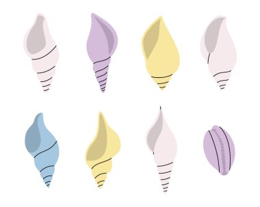 Tropik sualtı kabukları. Deniz kabuklarını yüzün. Deniz kabukları, yumuşakçalar, deniz tarakları, inciler. Vektör çizimi. Beyaz arkaplanda izole.