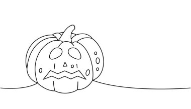 Cadılar Bayramı kabağı korkunç yüzü aralıksız bir çizim. Cadılar Bayramı balkabağı suratı tek bir çizgiden ibarettir. Vektör minimalist doğrusal çizim. Beyaz arkaplanda izole